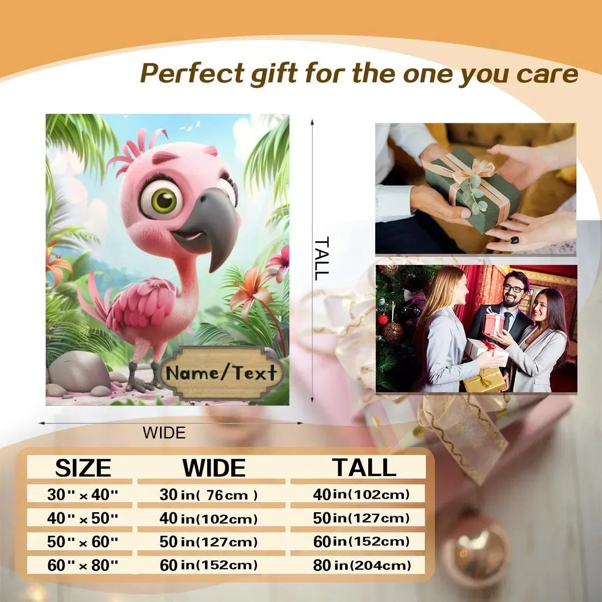 Personalized Flamingo Blanket | Custom Name | Pink Green Tropical Leaf Fleece Throw Gift