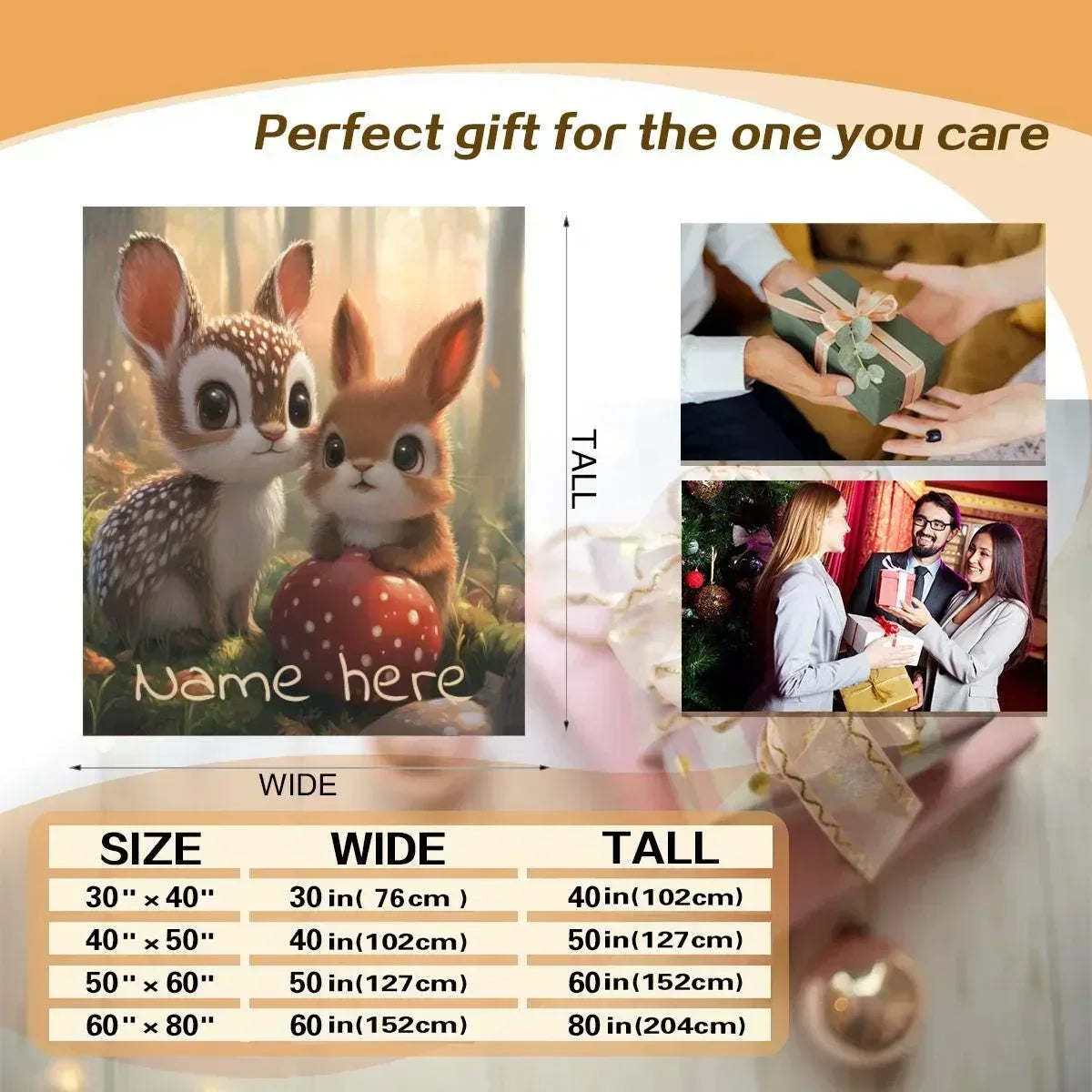 Personalized Bunny & Deer Blanket | Custom Name | Baby Fawn & Bunny Woodland Fleece Throw Gift