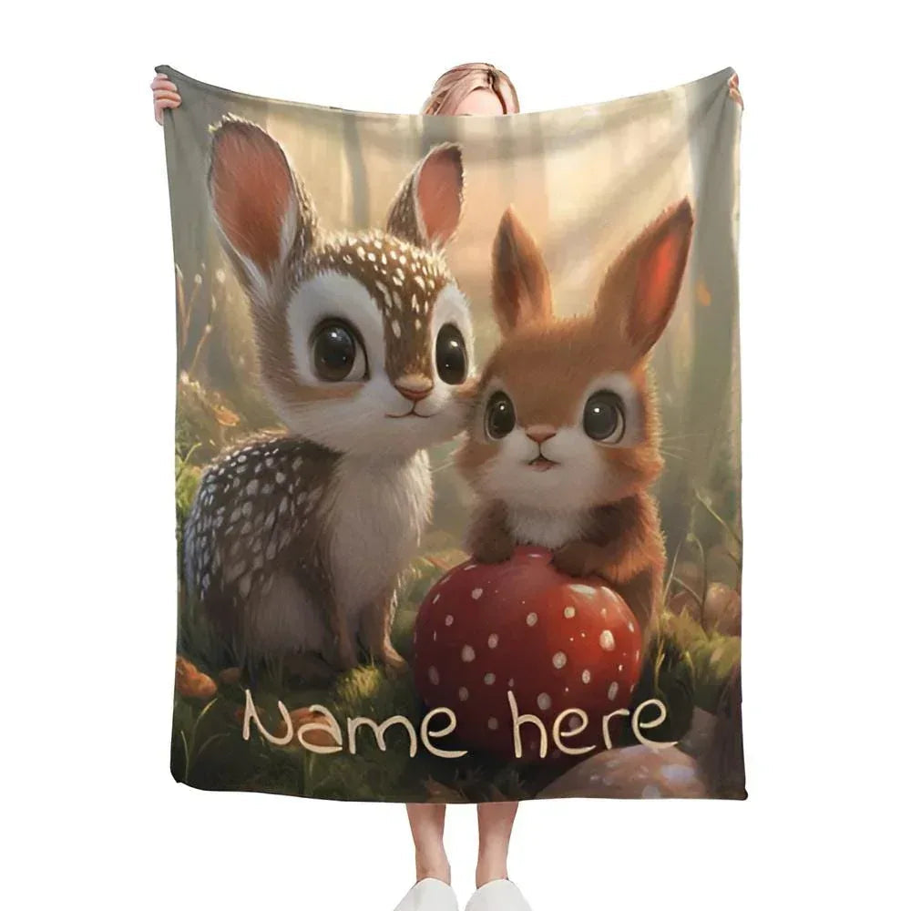 Personalized Bunny & Deer Blanket | Custom Name | Baby Fawn & Bunny Woodland Fleece Throw Gift