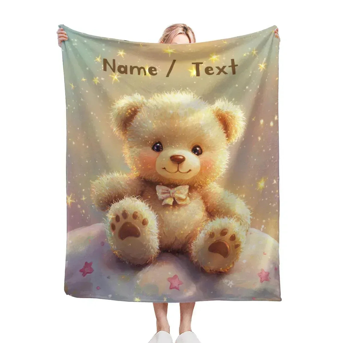 Personalized Teddy Bear Blanket | Custom Name | Pastel Paw-Print Star Fleece Throw Gift