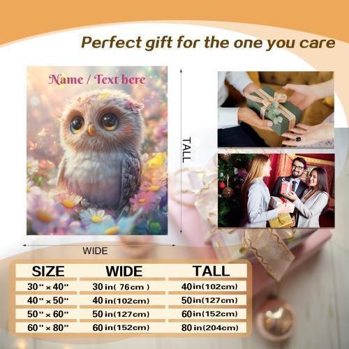 Personalized Owl Blanket | Custom Name | Colorful Floral Baby Owl Fleece Throw Gift