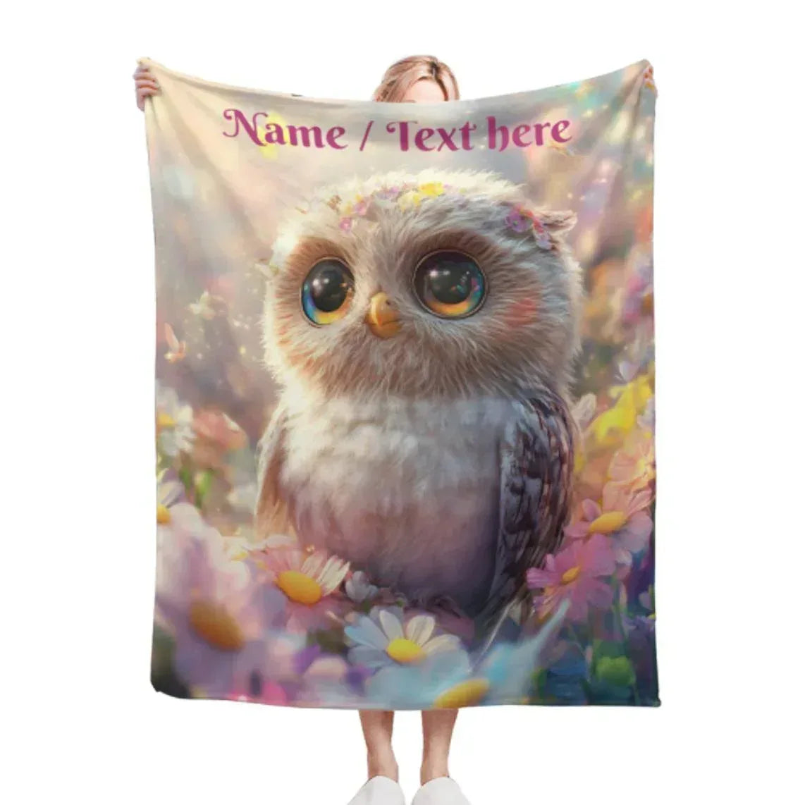 Personalized Owl Blanket | Custom Name | Colorful Floral Baby Owl Fleece Throw Gift
