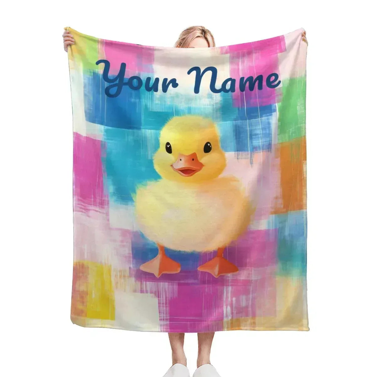 Personalized Baby Duck Blanket | Custom Name | Fluffy Yellow Duckling Watercolor Patchwork Fleece Throw Gift