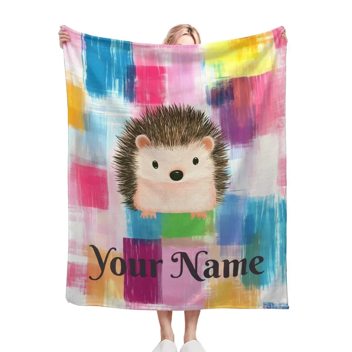 Personalized Hedgehog Blanket | Custom Name | Whimsical Plaid Patchwork Hedgehog Cursive Name Fleece Throw Gift