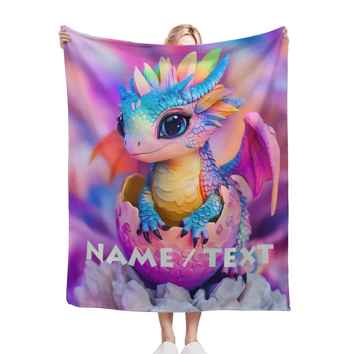 Personalized Dragon Blanket | Custom Name | Baby Dragon Hatching From Egg Rainbow Crest Purple Pink Sky 310gsm Fleece Throw Gift
