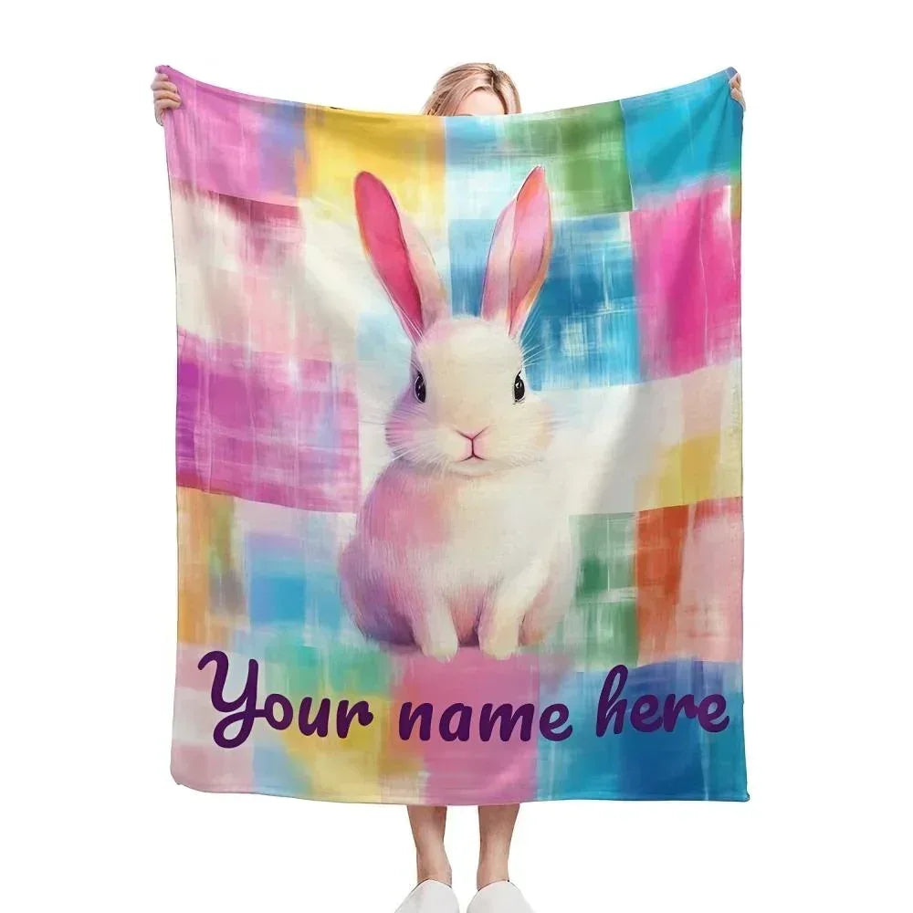 Personalized White Bunny Blanket | Custom Name | Pastel Patchwork Rainbow Rabbit Fleece Throw Gift