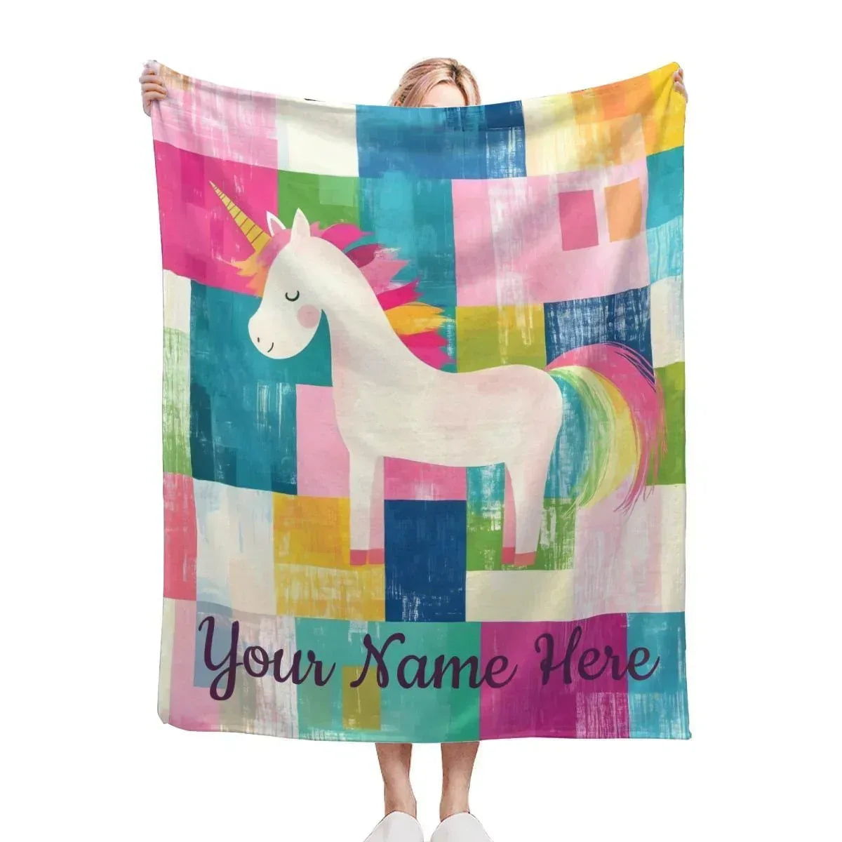 Personalized Unicorn Blanket | Custom Name | Rainbow Mane Color-Block Fleece Throw Gift