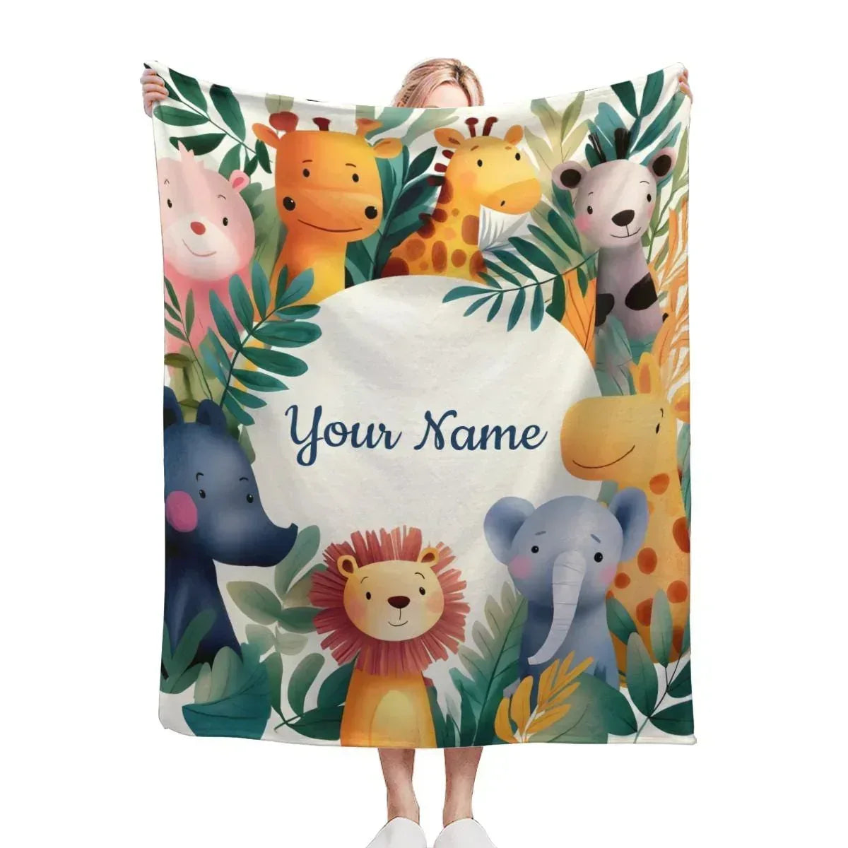 Personalized Safari Animal Blanket | Custom Name | Lion Elephant Giraffe Hippo Tropical Jungle Fleece Throw Gift