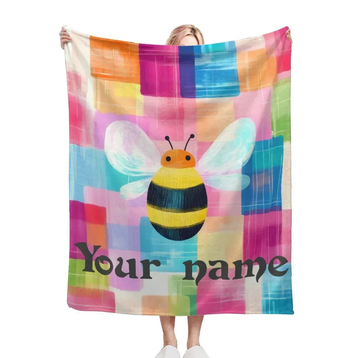 Personalized Bee Blanket | Custom Name | Cartoon Bumblebee Colorful Painted Patchwork Rainbow Fleece Throw Gift