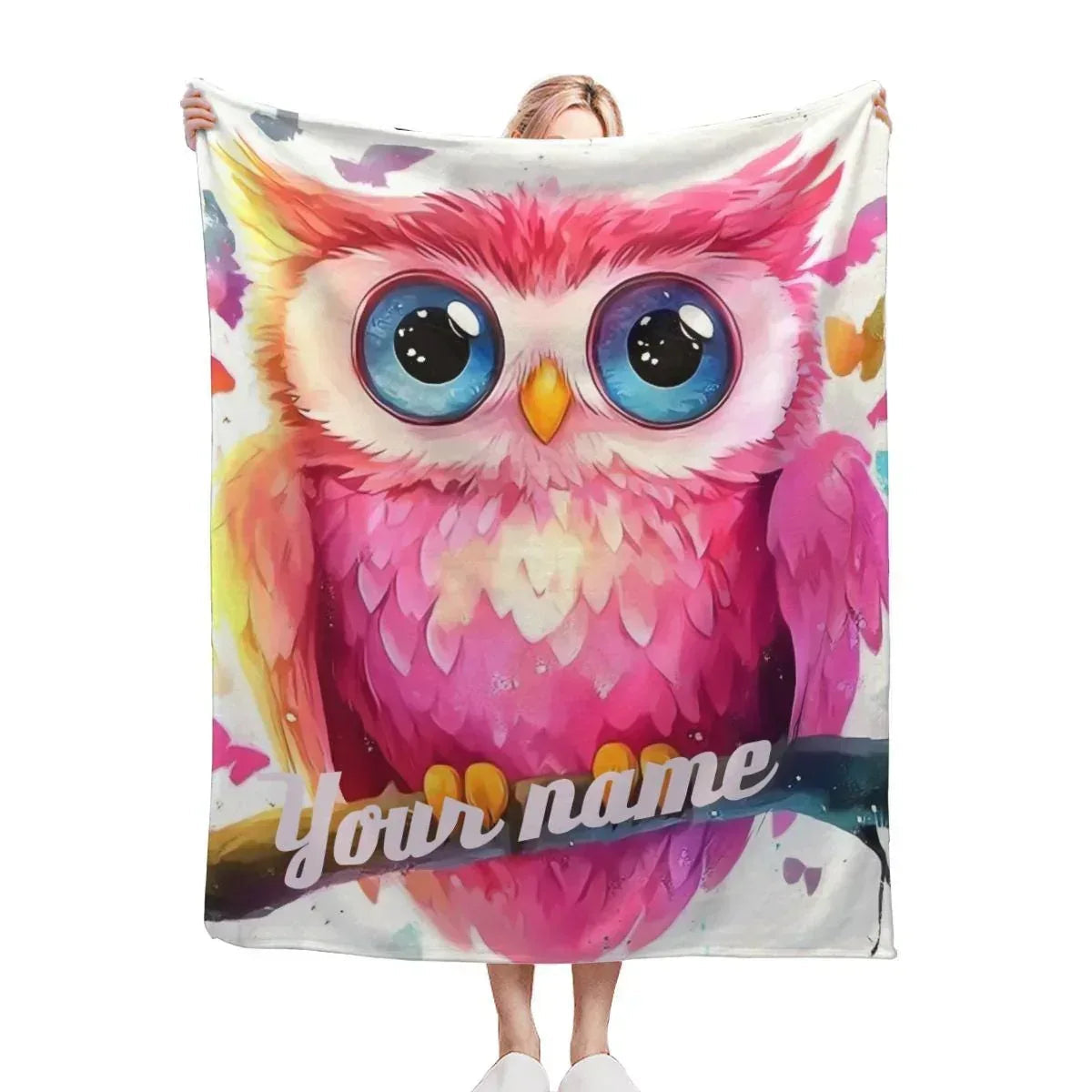 Personalized Pink Owl Blanket | Custom Name | Blue-Eyed Colorful Feather Fleece Throw Gift