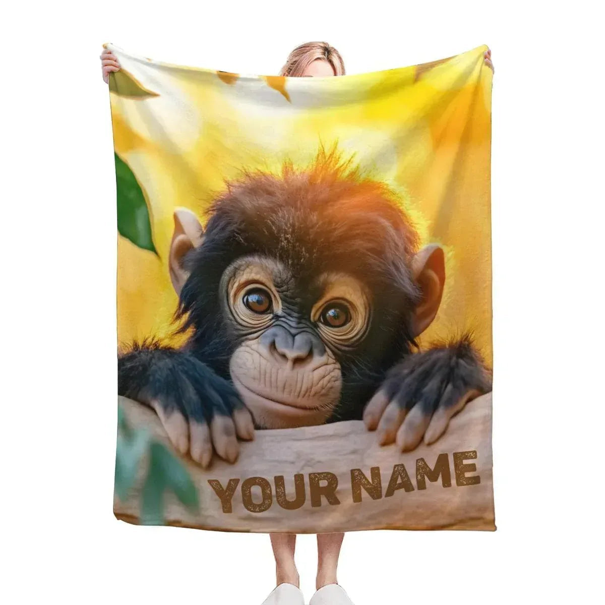 Personalized Baby Chimpanzee Blanket | Custom Name | Cheeky Chimp Peeking Over Log Yellow Jungle Fleece Throw Gift