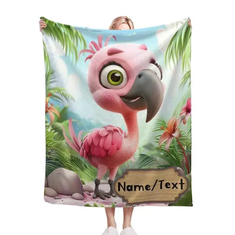 Personalized Flamingo Blanket | Custom Name | Pink Green Tropical Leaf Fleece Throw Gift