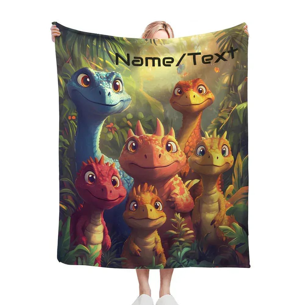 Personalized Dinosaur Blanket | Custom Name | Colorful Jungle Dino Fleece Throw Gift