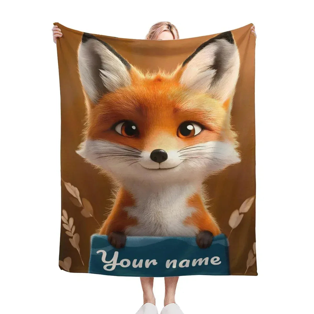 Personalized Fox Blanket | Custom Name | Cute 3D Fox Holding Teal Name Banner Autumn Woodland Flannel Fleece Throw Gift