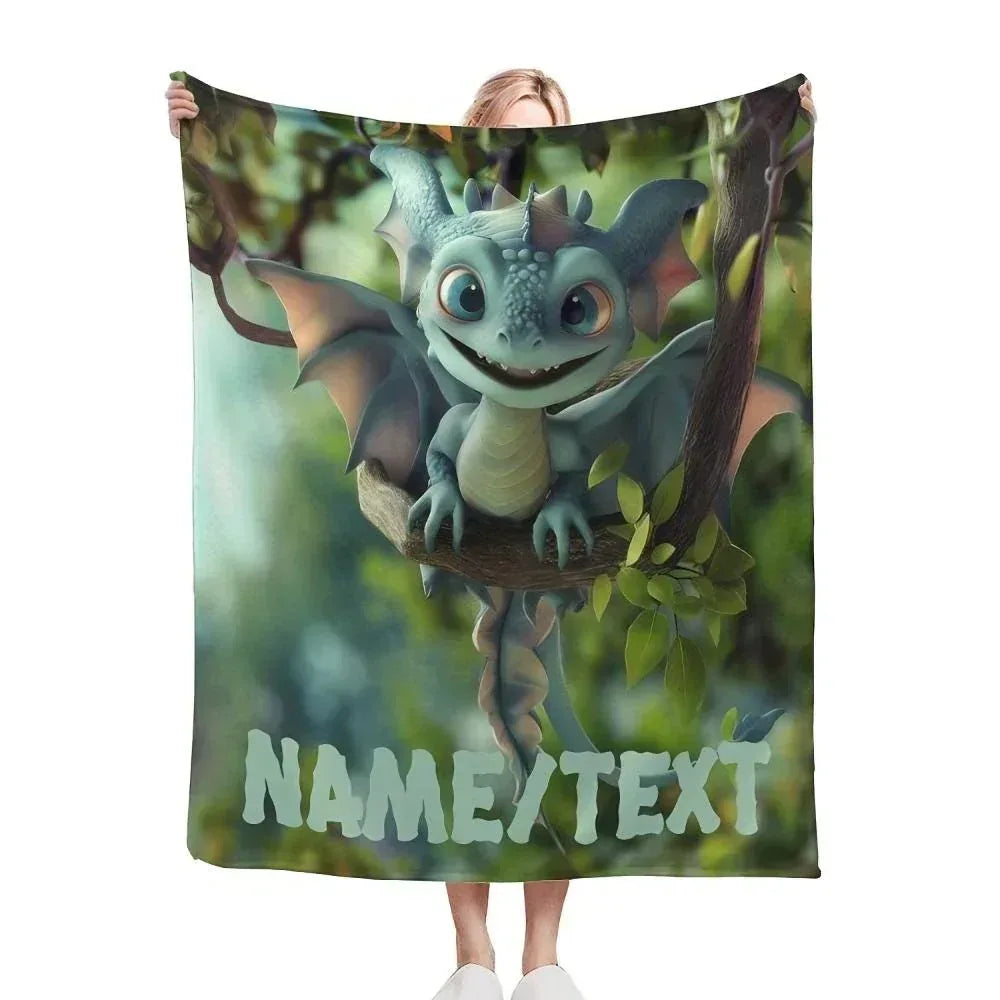 Personalized Dragon Dinosaur Blanket | Custom Name | Blue Green Fantasy Fleece Throw Gift