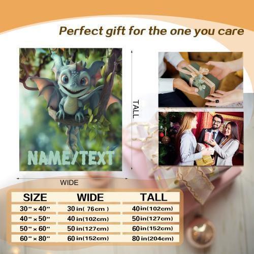 Personalized Dragon Dinosaur Blanket | Custom Name | Blue Green Fantasy Fleece Throw Gift
