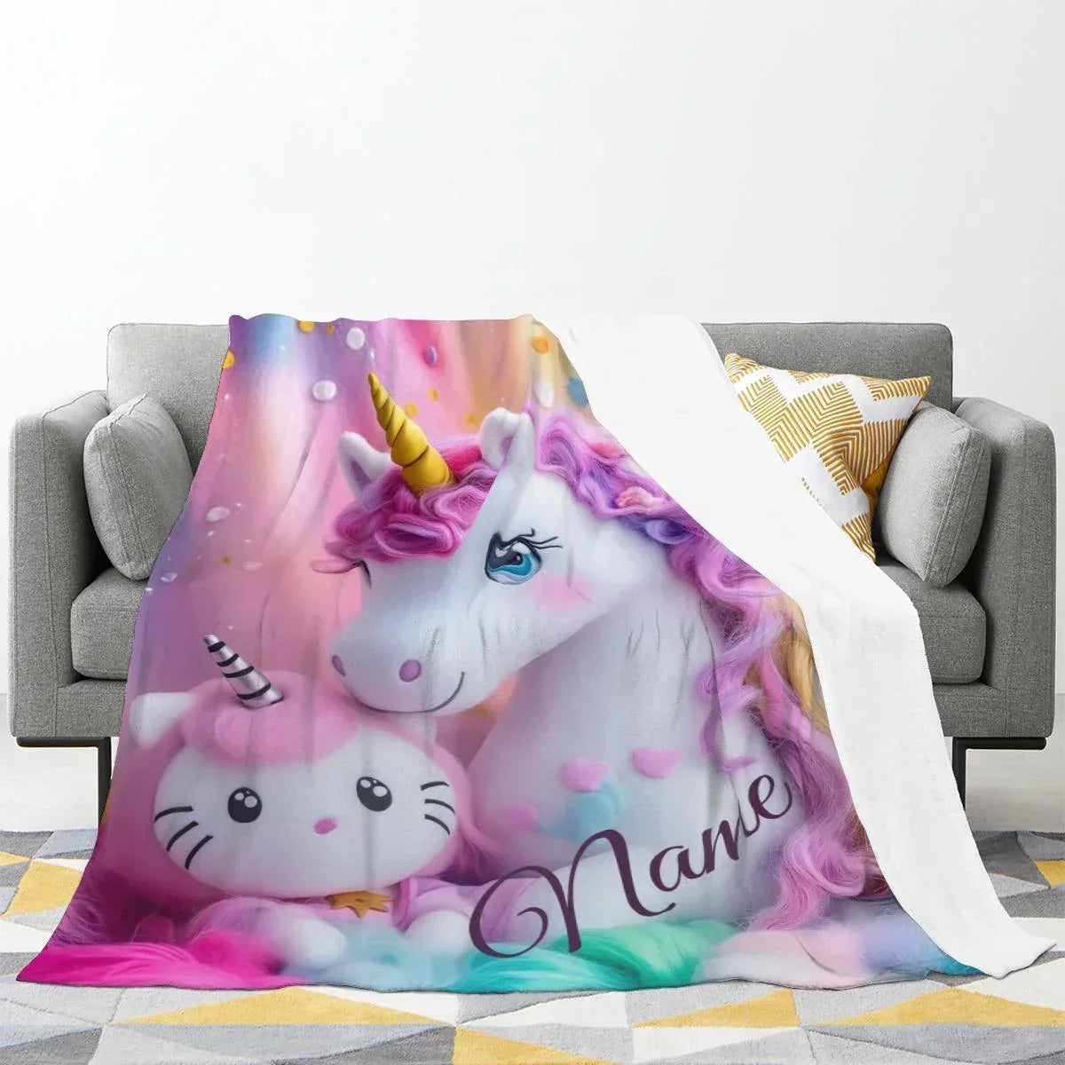 Personalized Unicorn and Kittycorn Blanket | Custom Name | Rainbow Pastel Kawaii Unicorn Cat Fleece Throw Gift