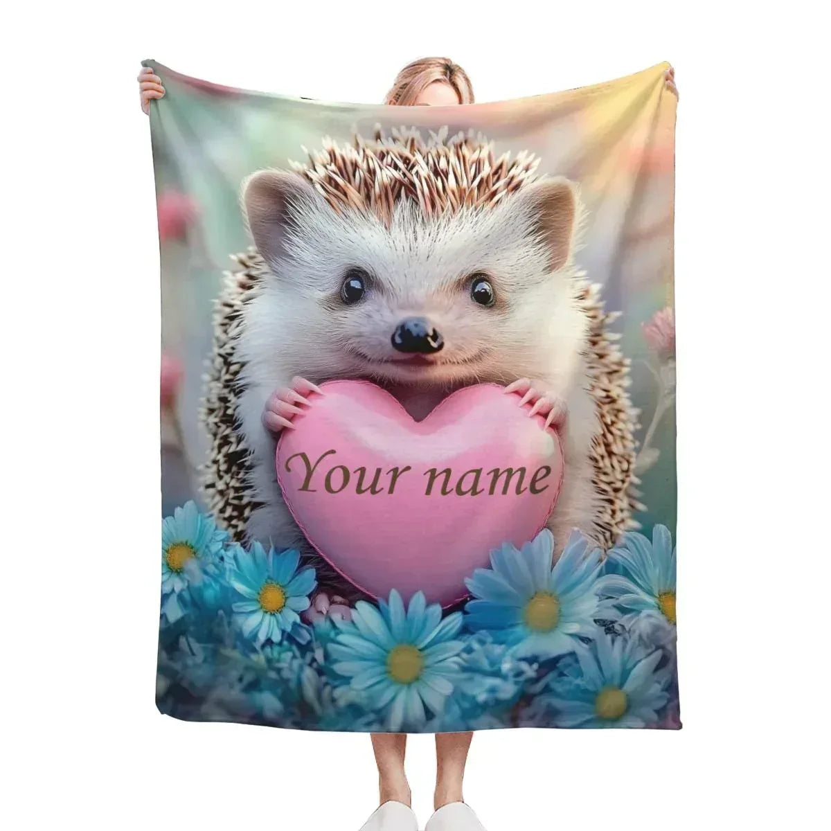 Personalized Hedgehog Blanket | Custom Name on Pink Heart | Blue Daisies Romantic Fleece Throw Gift