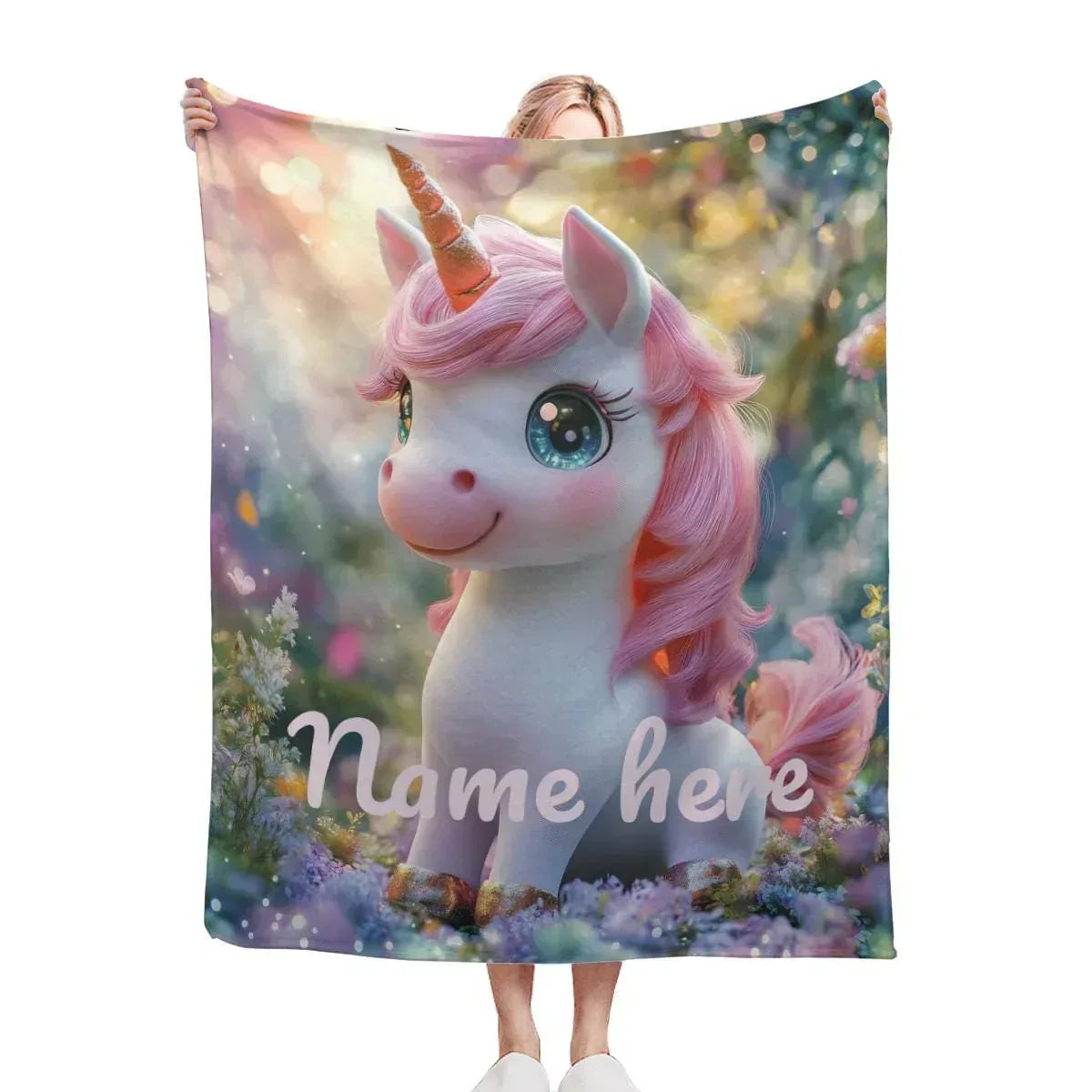 Personalized Pink Unicorn Blanket | Custom Name | Sparkling Eyes Enchanted Forest Fleece Throw Gift