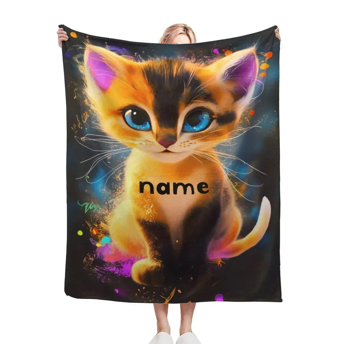 Personalized Starry-Eyed Kitten Blanket | Custom Name | Galaxy Cat Blue Eyes Fleece Throw Gift
