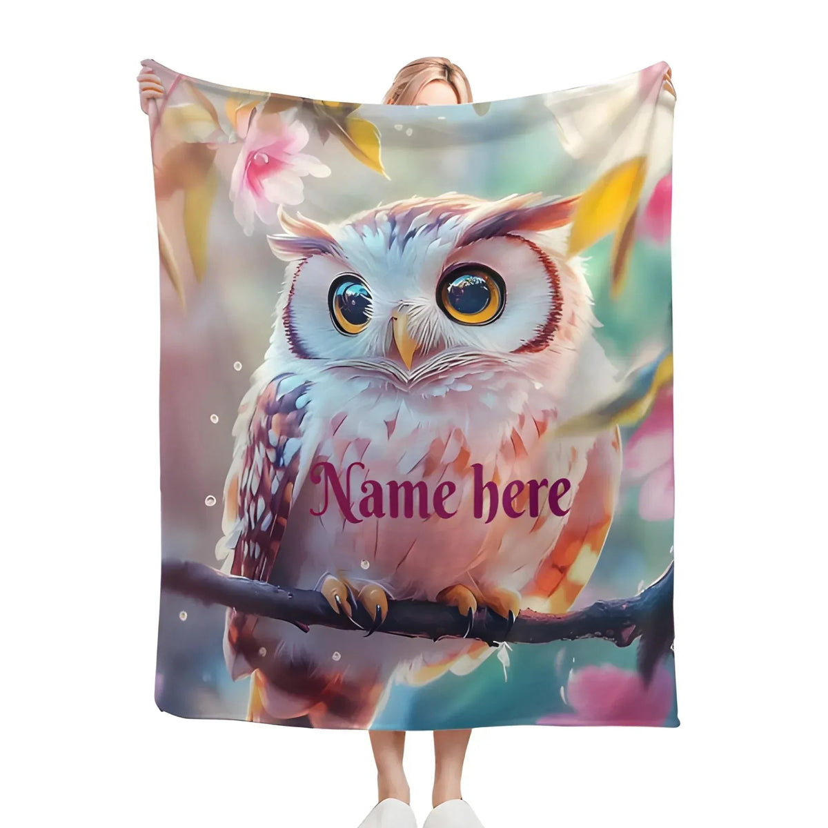 Personalized Owl Blanket | Custom Name | Fluffy Baby Owl on Branch Golden Amber Eyes Pink Floral Watercolor Spring Fleece Throw Gift