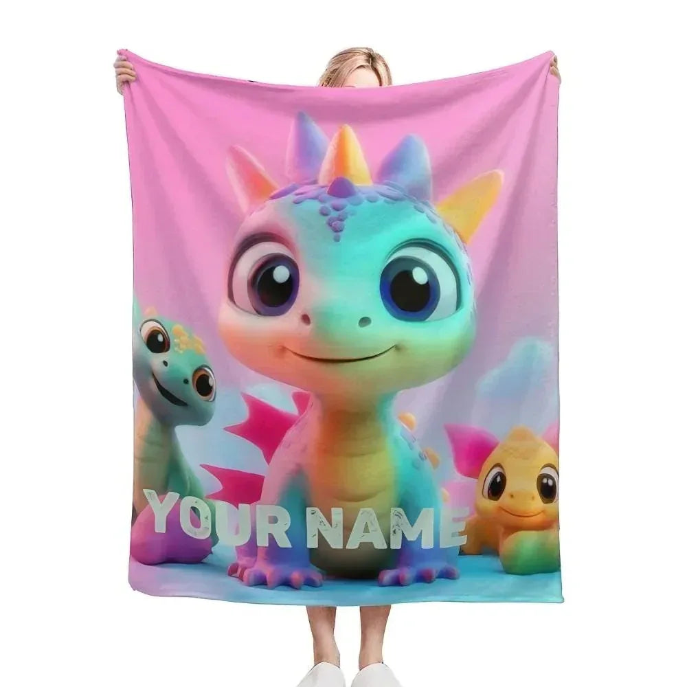 Personalized Dragon Blanket | Custom Name | Cute Pastel Baby Dragon Trio Rainbow Kawaii Fleece Throw Gift