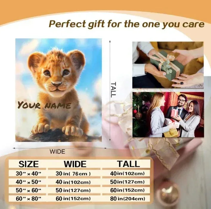 Personalized Lion Cub Blanket | Custom Name | Fluffy Golden Baby Lion Blue Sky Fleece Throw Gift