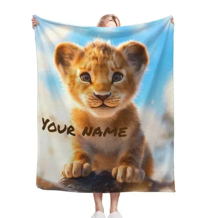 Personalized Lion Cub Blanket | Custom Name | Fluffy Golden Baby Lion Blue Sky Fleece Throw Gift