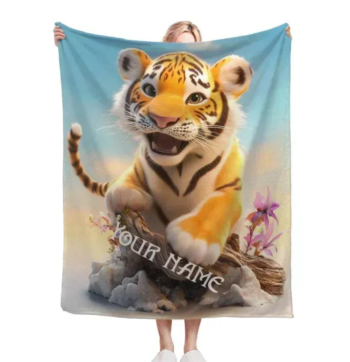 Personalized Tiger Cub Blanket | Custom Name | Blue Floral 310gsm Fleece Throw Gift