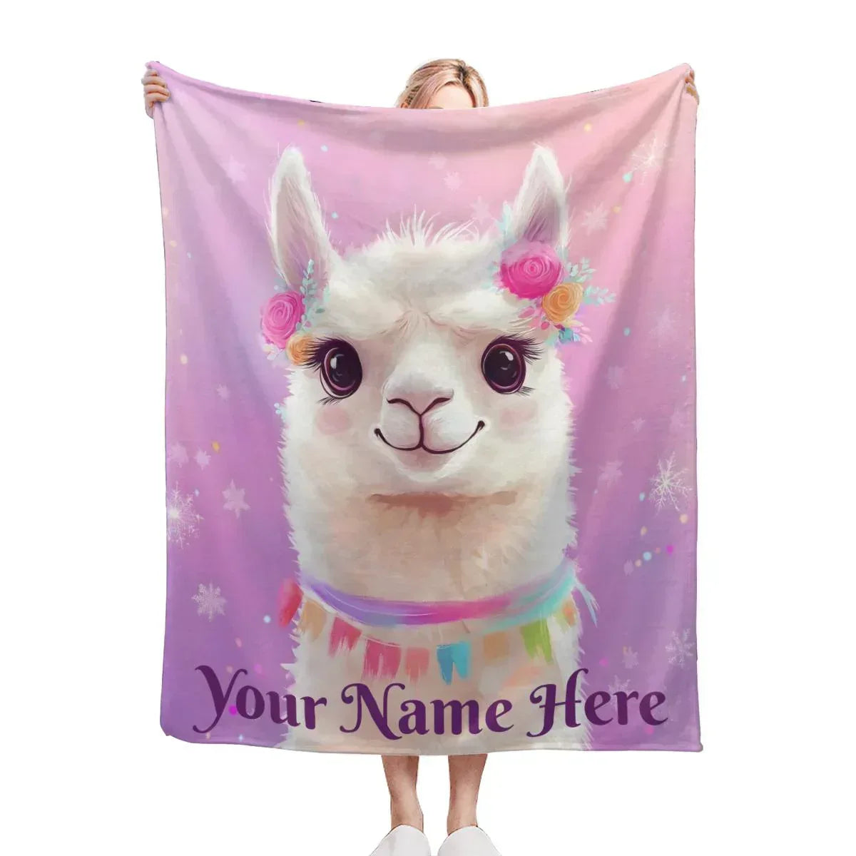 Personalized Llama Blanket | Custom Name | Pink Purple Alpaca Face Fleece Throw Gift