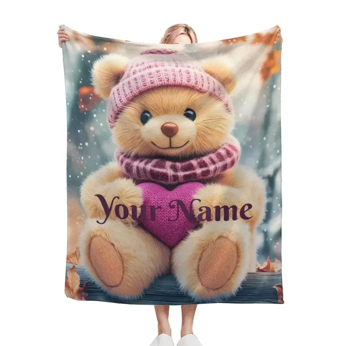 Personalized Snow Teddy Bear Blanket | Custom Name | Winter Bear Heart Fleece Throw Gift