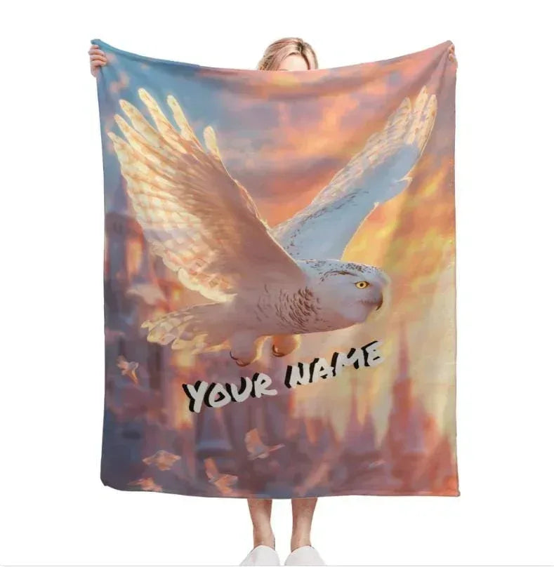 Personalized Snowy Owl Blanket | Custom Name | Majestic White Owl in Flight Sunset Sky Fleece Throw Gift