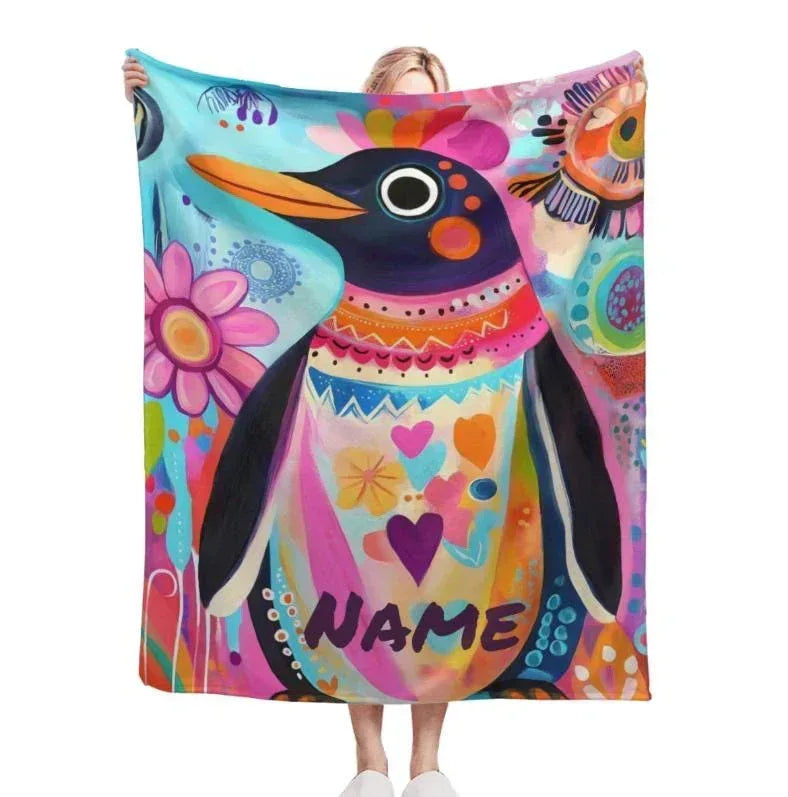 Personalized Penguin Blanket | Custom Name | Colorful Arctic Animal 310gsm Fleece Throw Gift