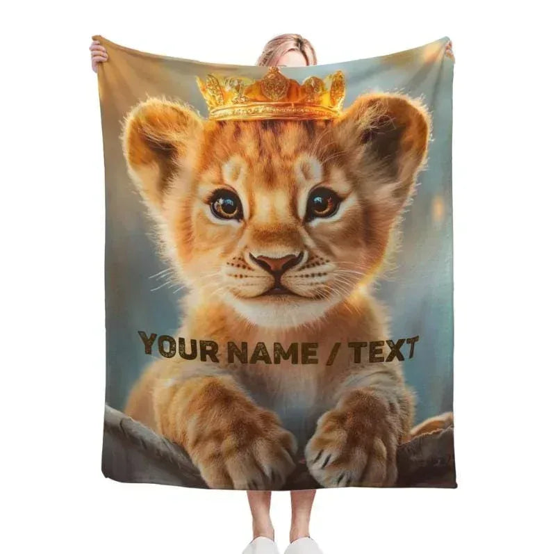 Personalized Crowned Lion Cub Blanket | Custom Name | Royal Golden Baby Lion with Gold Crown Fleece Throw Gift