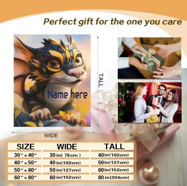 Personalized Dragon Blanket | Custom Name | Cute Baby Dragon Cat Golden Scales Fantasy Fleece Throw Gift