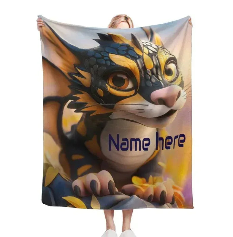 Personalized Dragon Blanket | Custom Name | Cute Baby Dragon Cat Golden Scales Fantasy Fleece Throw Gift