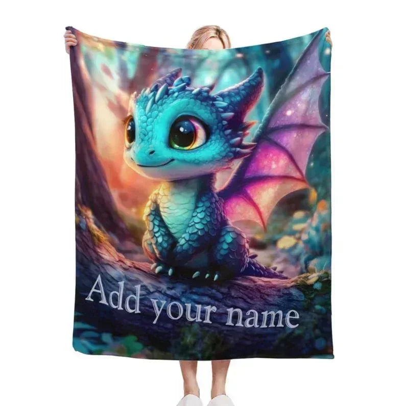 Personalized Blue Dragon Blanket | Custom Name | Magical Fantasy Fleece Throw Gift