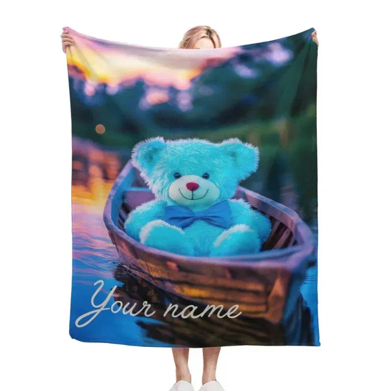 Personalized Teddy Bear Blanket | Custom Name | Twilight Canoe Adventure 310gsm Fleece Throw