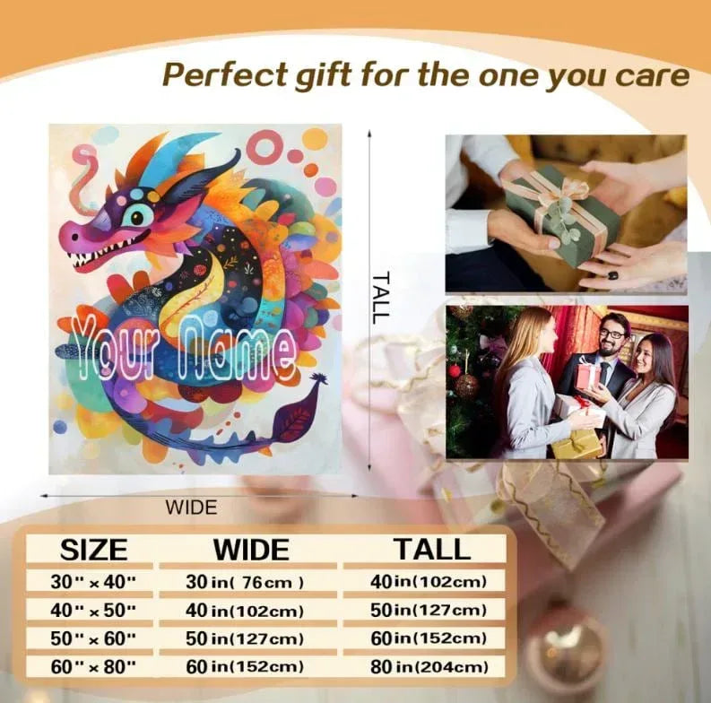 Personalized Dragon Blanket | Custom Name | Folk Art Lunar Dragon Coiling Colorful Paint Splash Cream Background Flannel Fleece Throw Gift