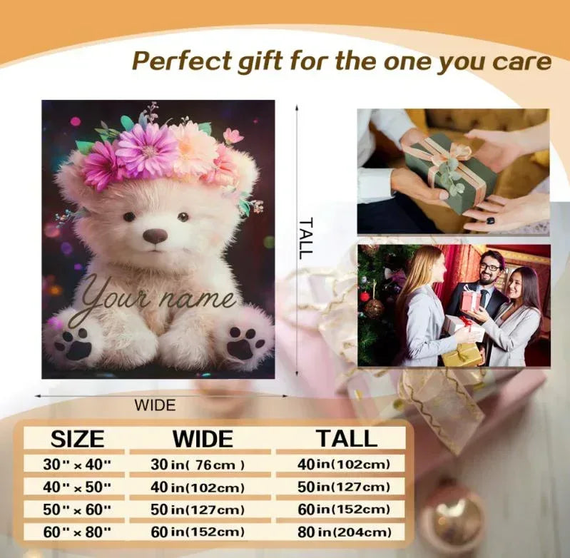 Personalized Teddy Bear Blanket | Custom Name | Purple Floral Crown Fleece Throw Gift