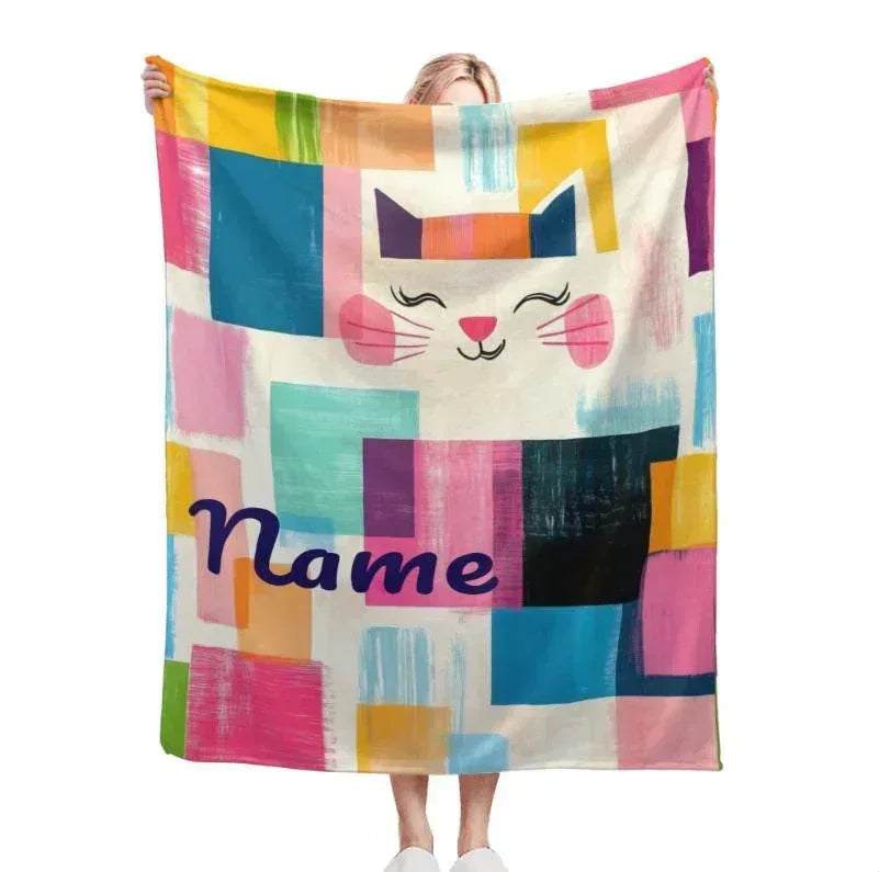 Personalized Cat Blanket | Custom Name | Colorful Patchwork Fleece Throw Gift