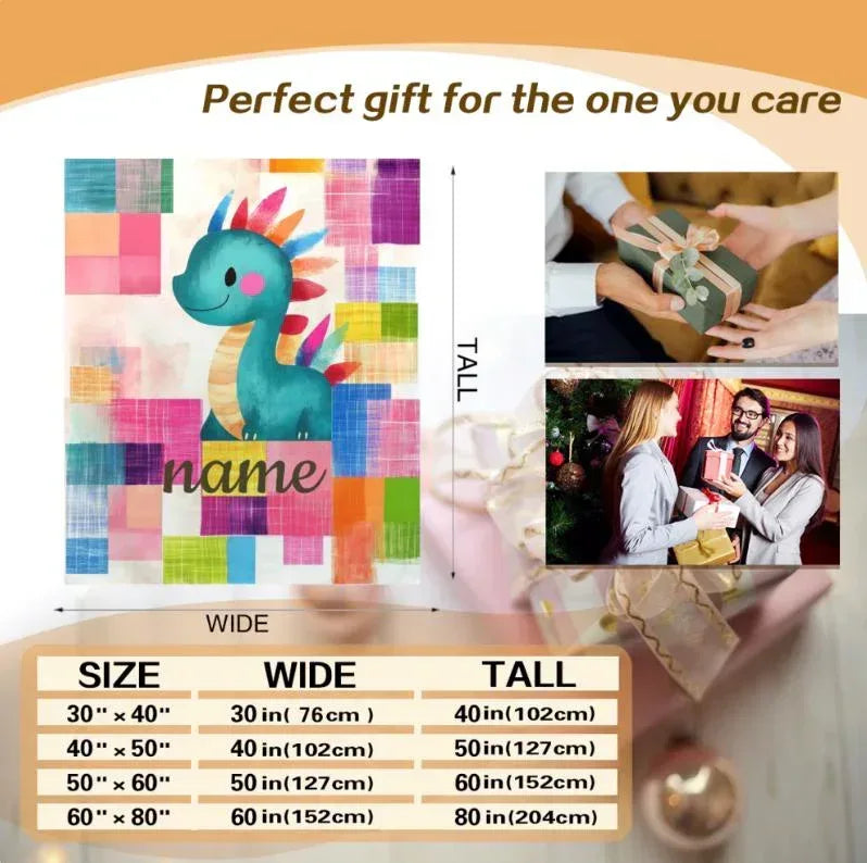 Personalized Teal Dragon Blanket | Custom Name | Colorful Dinosaur Patchwork Throw