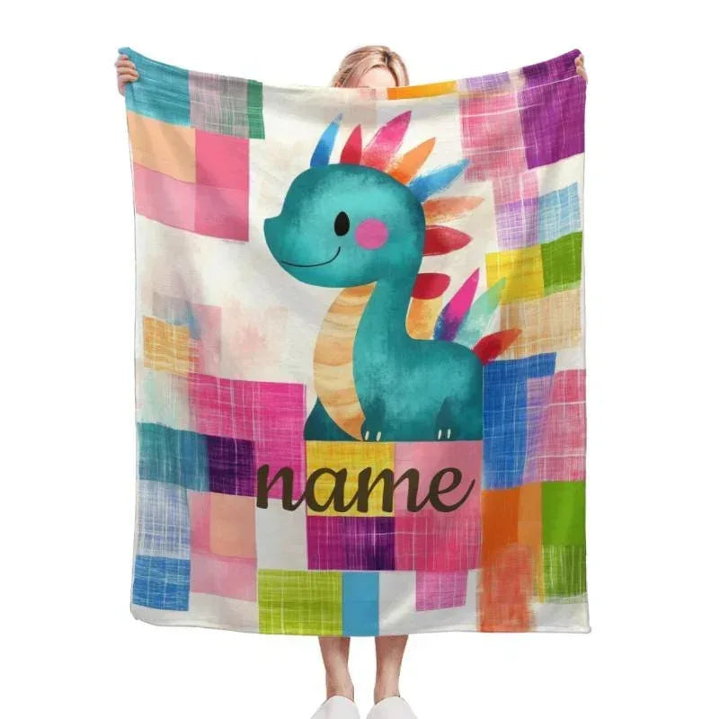 Personalized Teal Dragon Blanket | Custom Name | Colorful Dinosaur Patchwork Throw
