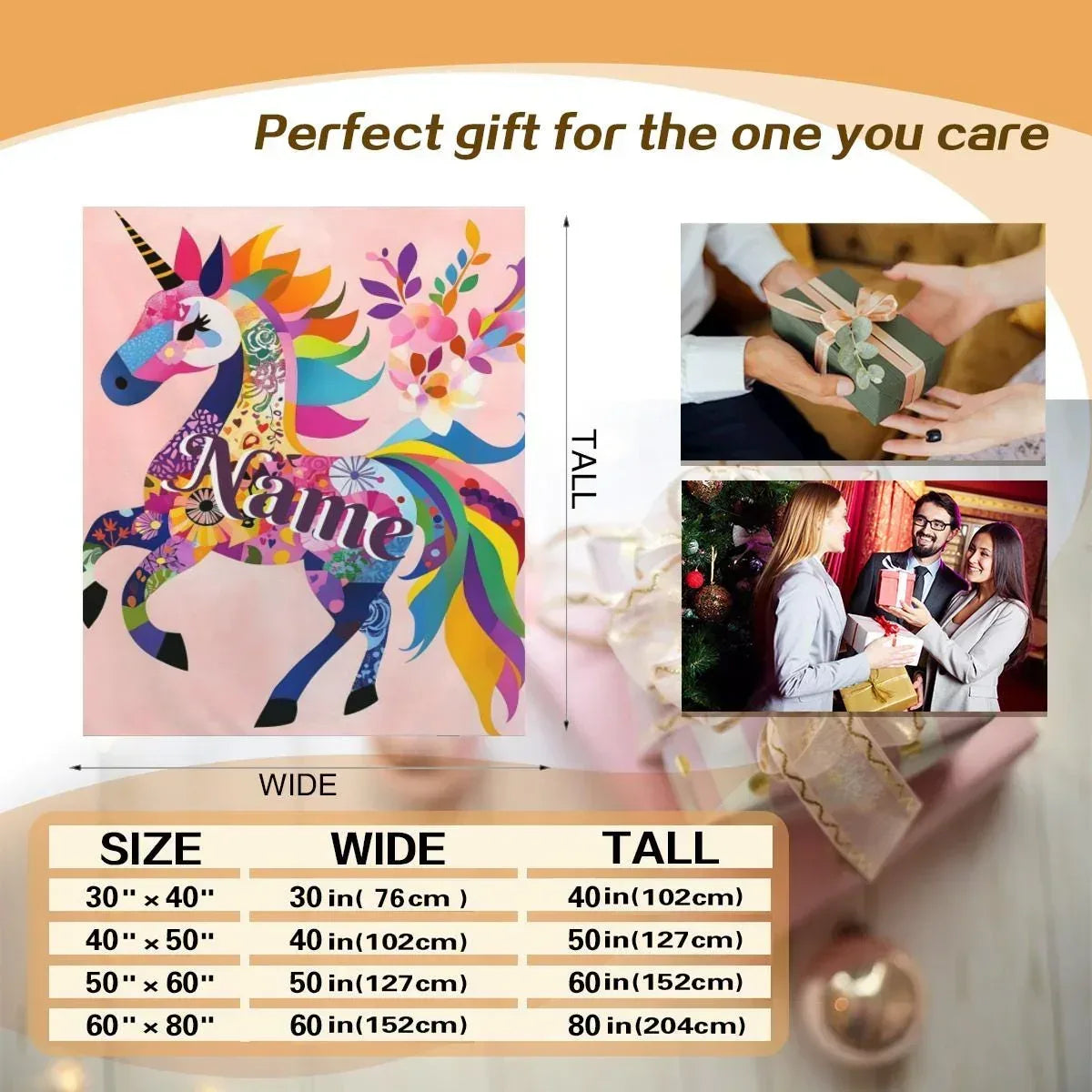 Personalized Unicorn Blanket | Custom Name | Prancing Full-Body Floral Mosaic Rainbow Mane Blush Pink Flannel Fleece Throw Gift