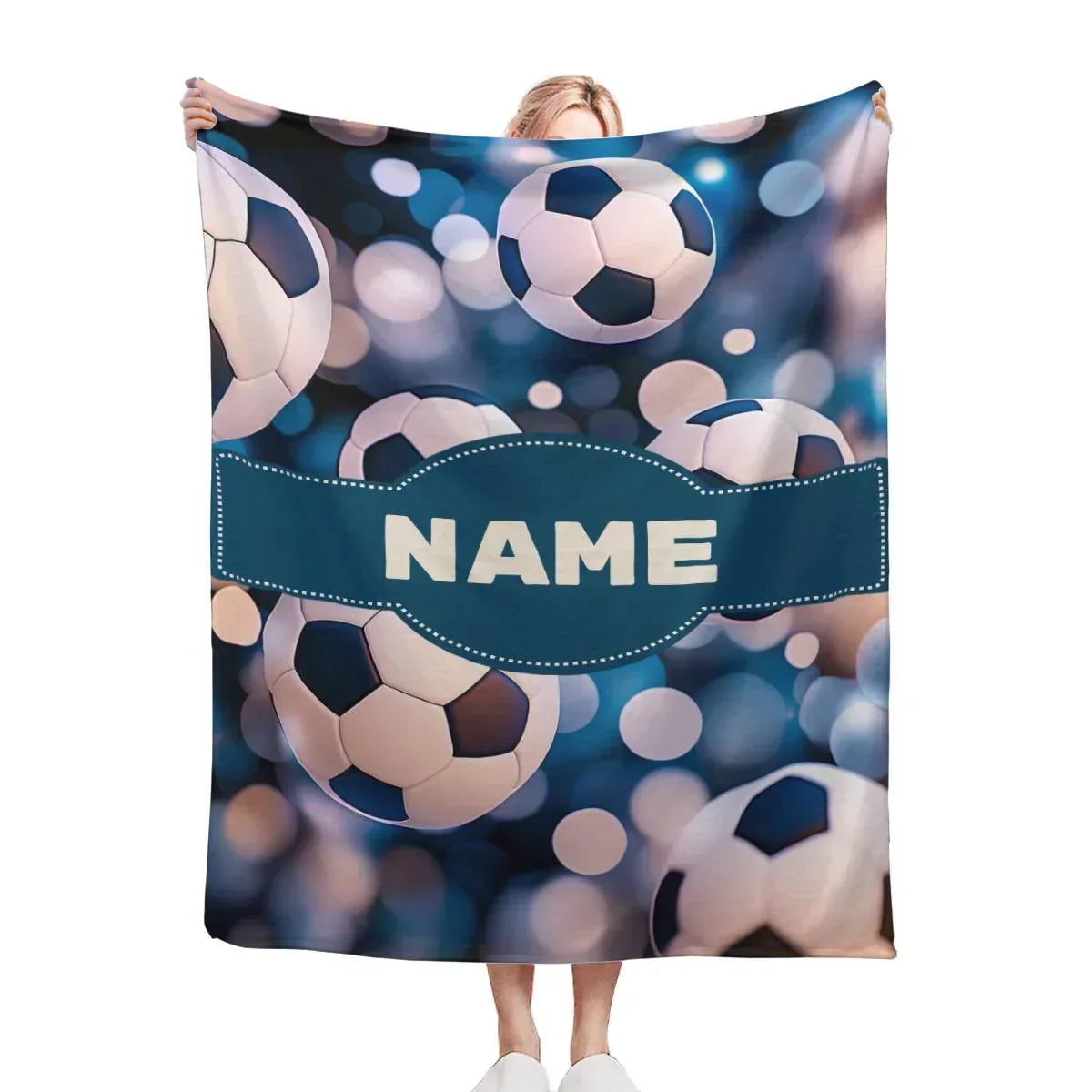 Personalized Soccer Ball Blanket | Custom Name | Football Fan Bokeh Blue Fleece Throw Gift