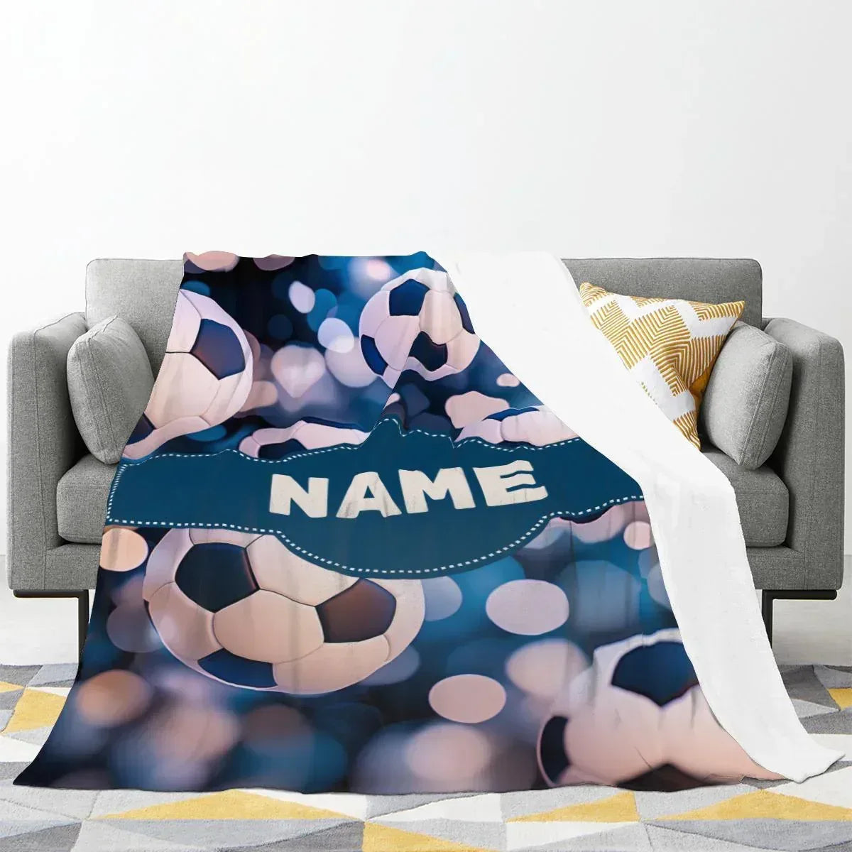 Personalized Soccer Ball Blanket | Custom Name | Football Fan Bokeh Blue Fleece Throw Gift