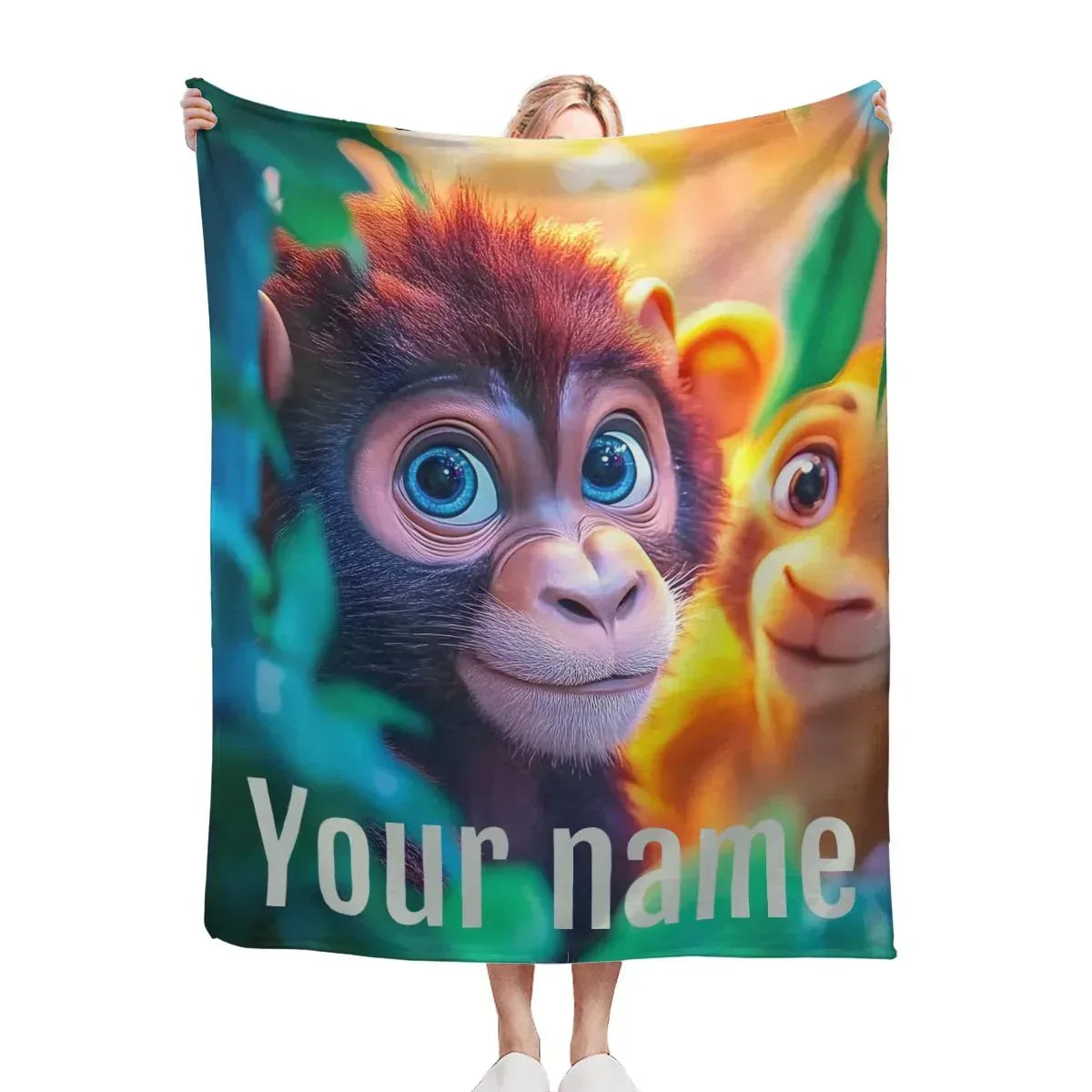 Personalized Monkey Blanket | Custom Name | Baby Monkey and Lion Cub Jungle Fleece Throw Gift