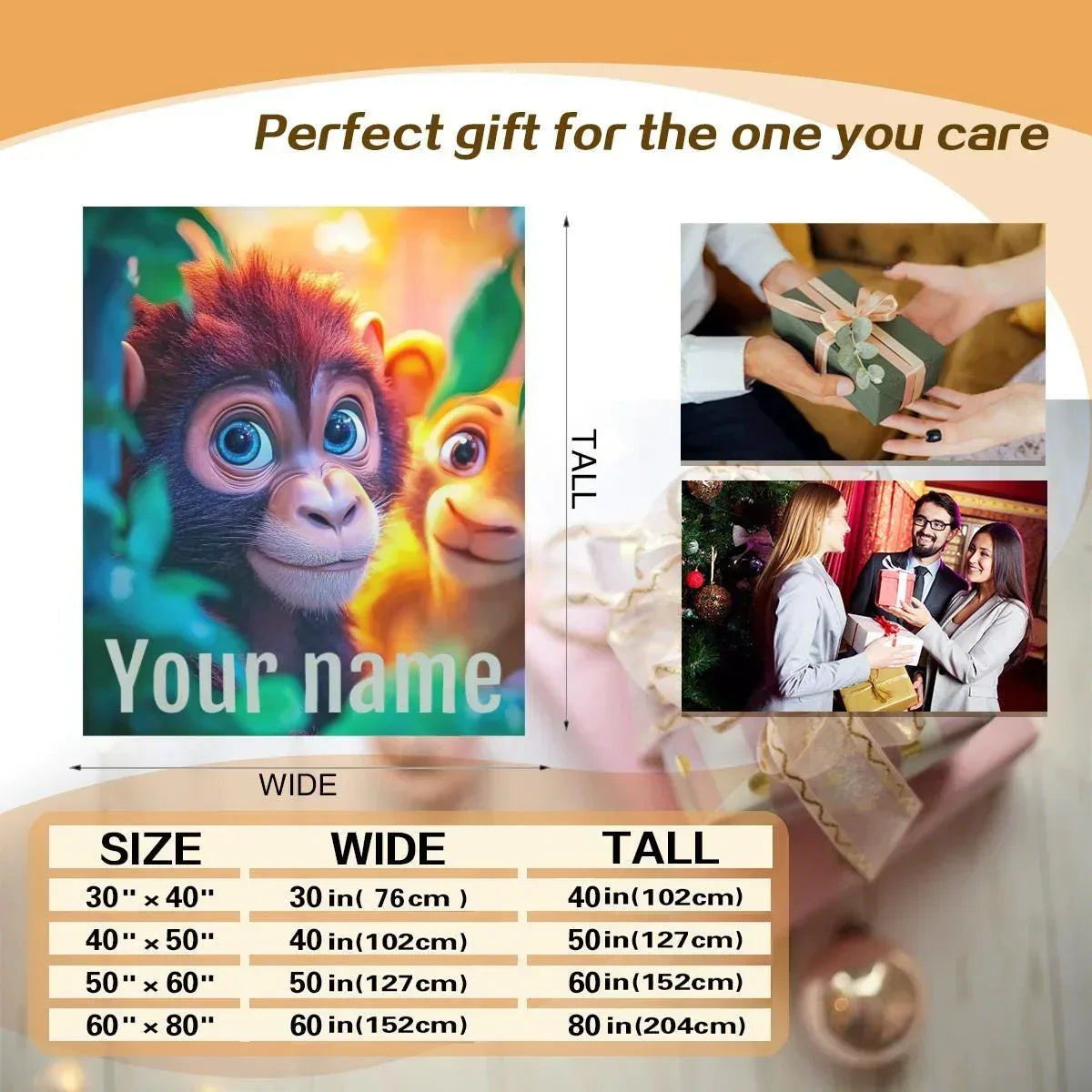 Personalized Monkey Blanket | Custom Name | Baby Monkey and Lion Cub Jungle Fleece Throw Gift