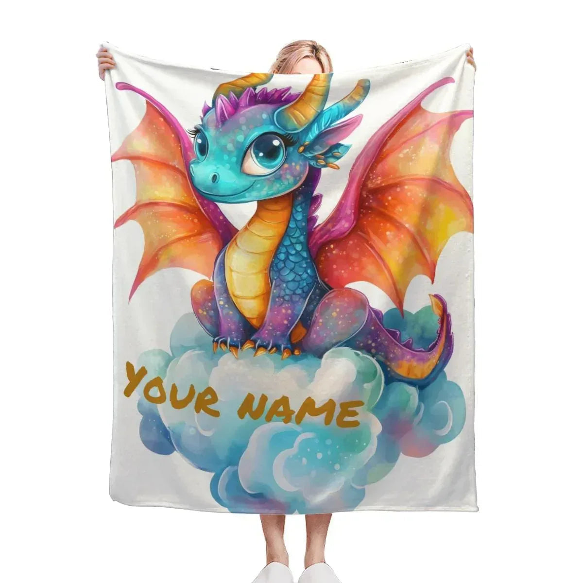 Personalized Girl Dragon Blanket | Custom Name | Blue Rainbow Unicorn Cloud 310gsm Fleece Throw Gift