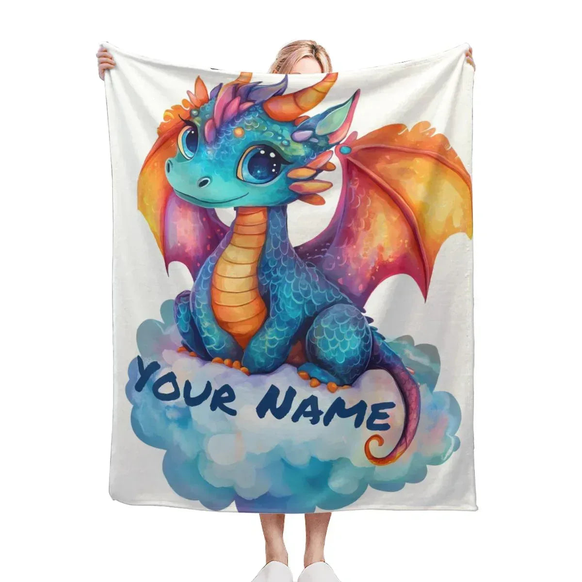 Personalized Dragon Blanket | Custom Name | Cute Baby Dragon Sitting on Cloud Orange Wings Teal Blue Big Eyes White Background Fleece Throw Gift